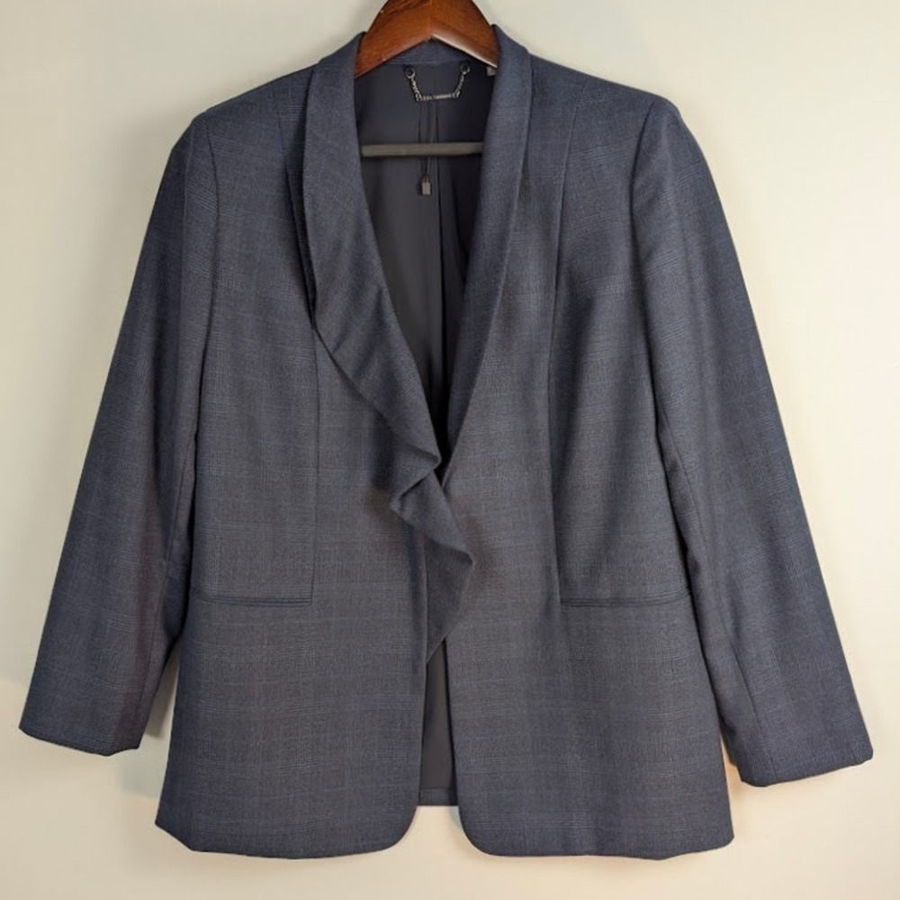 Elie Tahari Draped Shawl Collar‎ Blazer Womens 12 Navy Blue Glen Plaid
